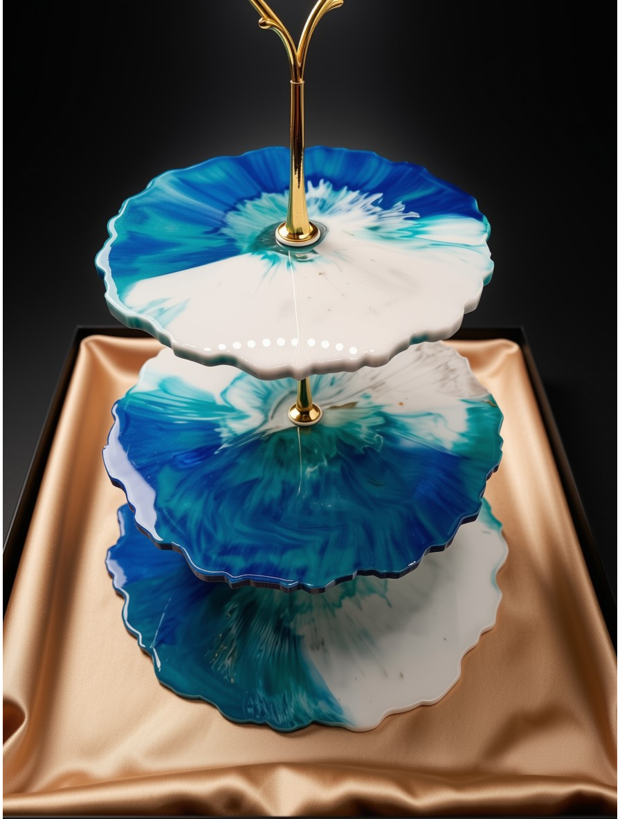 Azure and white resin tier tray with gold hardware