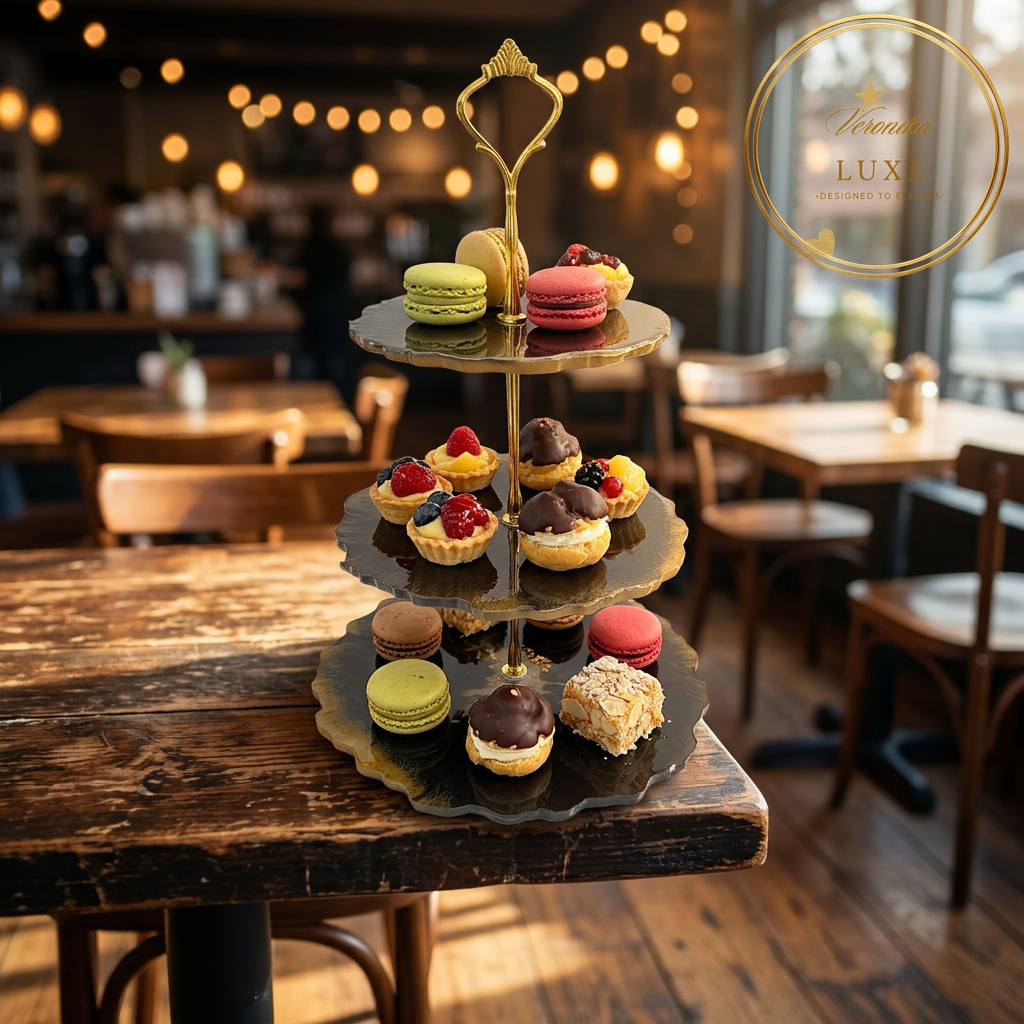 Veronika Luxe tiered tray styled with macarons and pastries in a warmly lit café