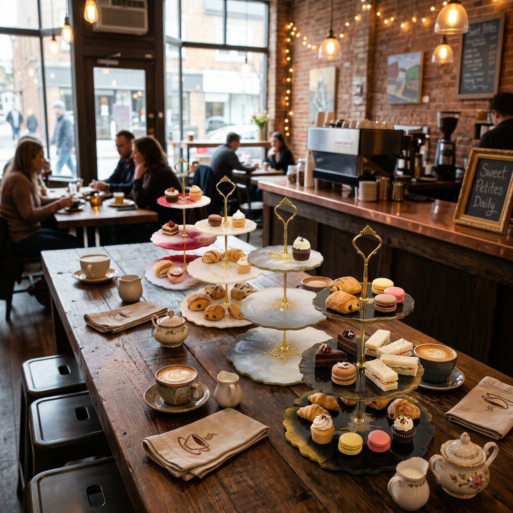 Veronika Luxe trays styled across a cosy coffee shop counter