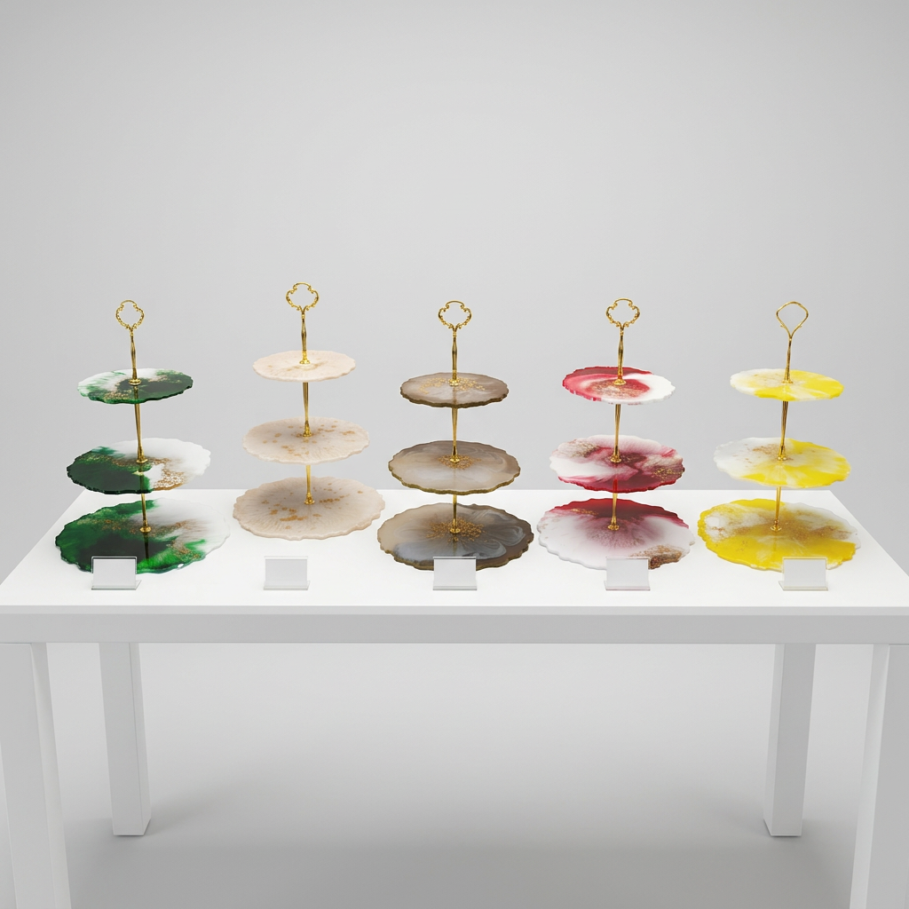 Veronika Luxe lineup of handcrafted three-tier resin trays in emerald, blush, smoke, ruby and gold